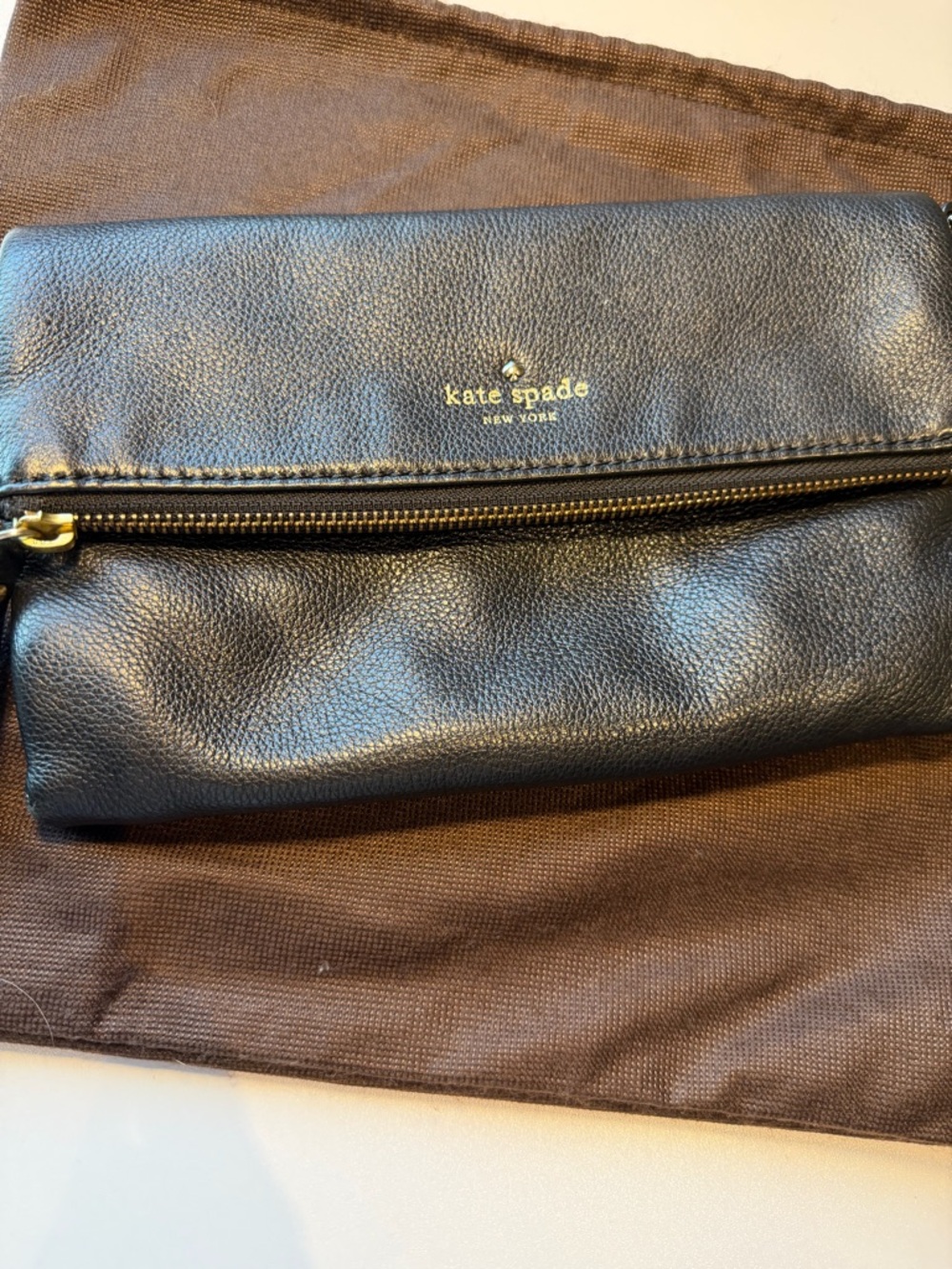 kate spade Black Pebbled Leather Foldover Clutch with Gold Hardware